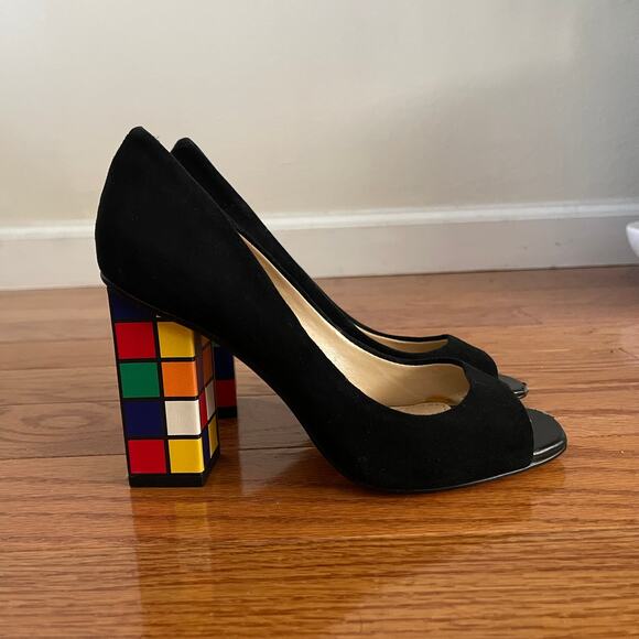 Katy Perry The Caitlin Rubik’s Cube Heels Womens 6 Black Multicolor Suede Block - Picture 1 of 11